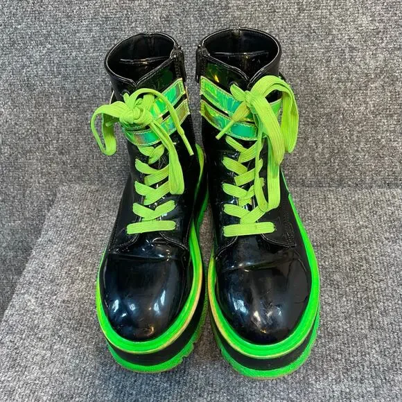 DEMONIA Slacker 52 Womens 9 Platform Black Patent Neon Green Chunky Combat Boots - Picture 3 of 8